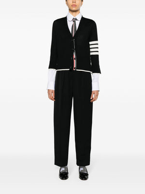 THOM BROWNE Elegant Black Wool Cardigan with Signature Stripes