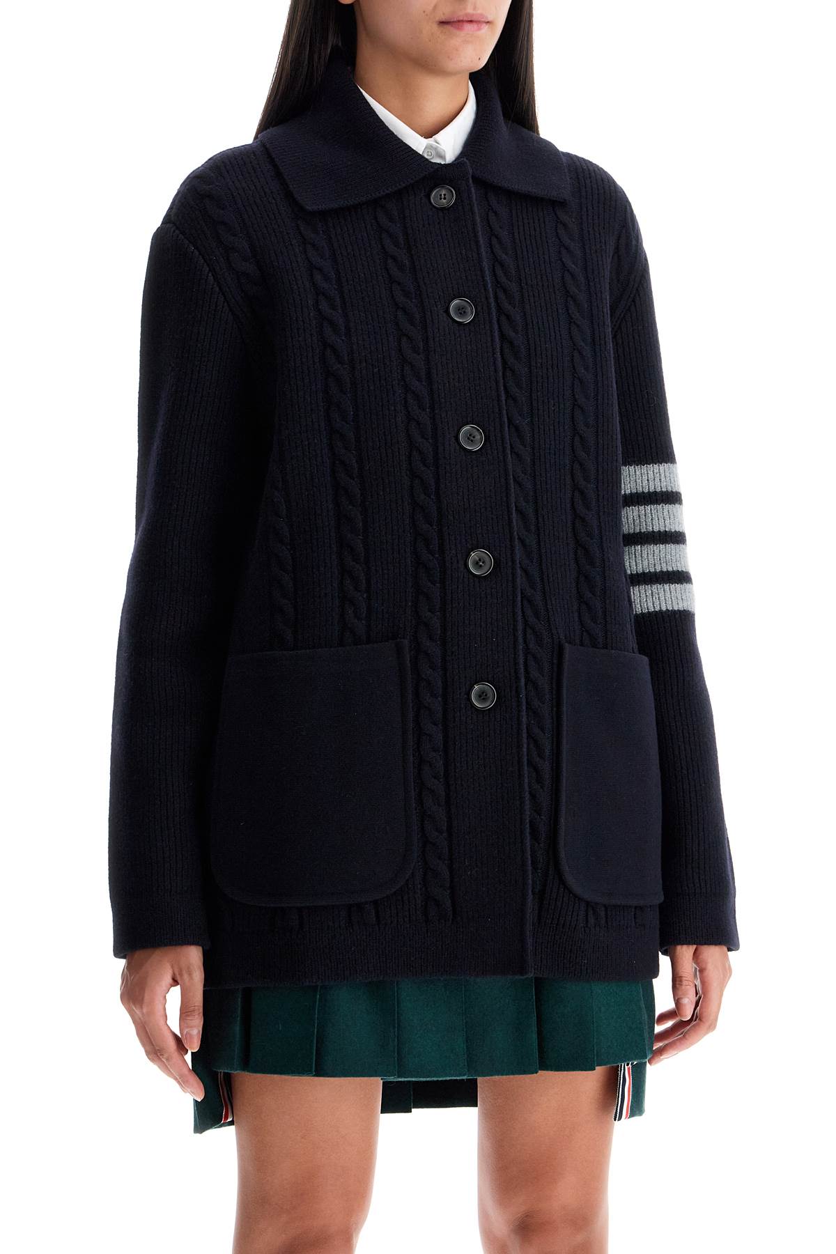 THOM BROWNE Loose Fit Heavy Knit Cardigan with 4-Bar Detail