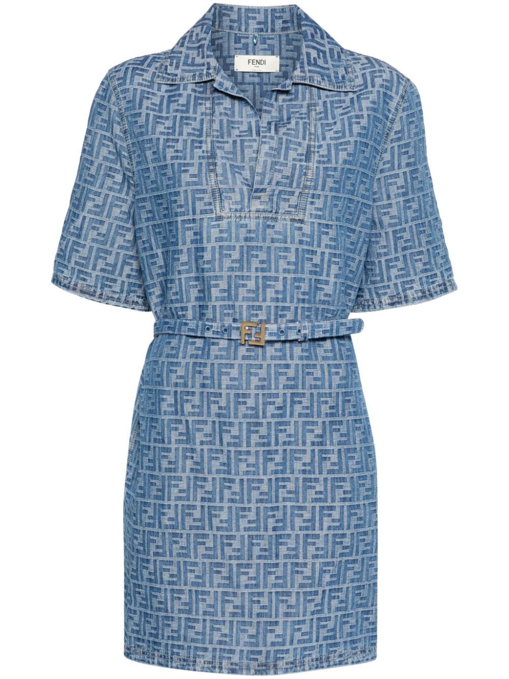 FENDI All-Over FF Motif Denim Dress with Belt and Side Slits