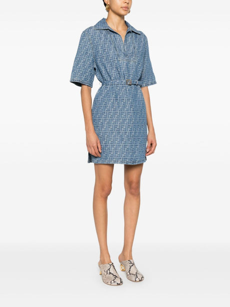 FENDI All-Over FF Motif Denim Dress with Belt and Side Slits