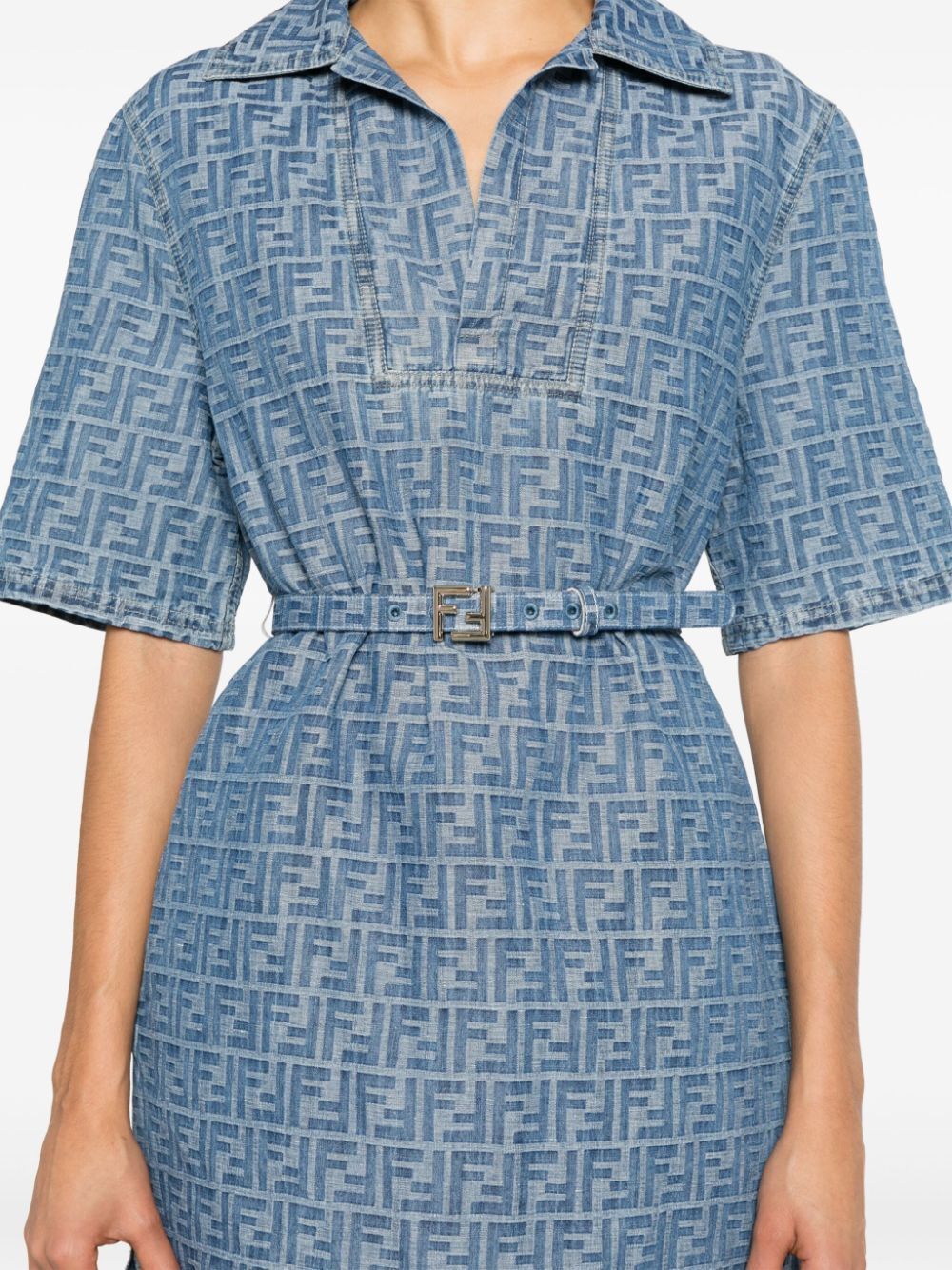 FENDI All-Over FF Motif Denim Dress with Belt and Side Slits