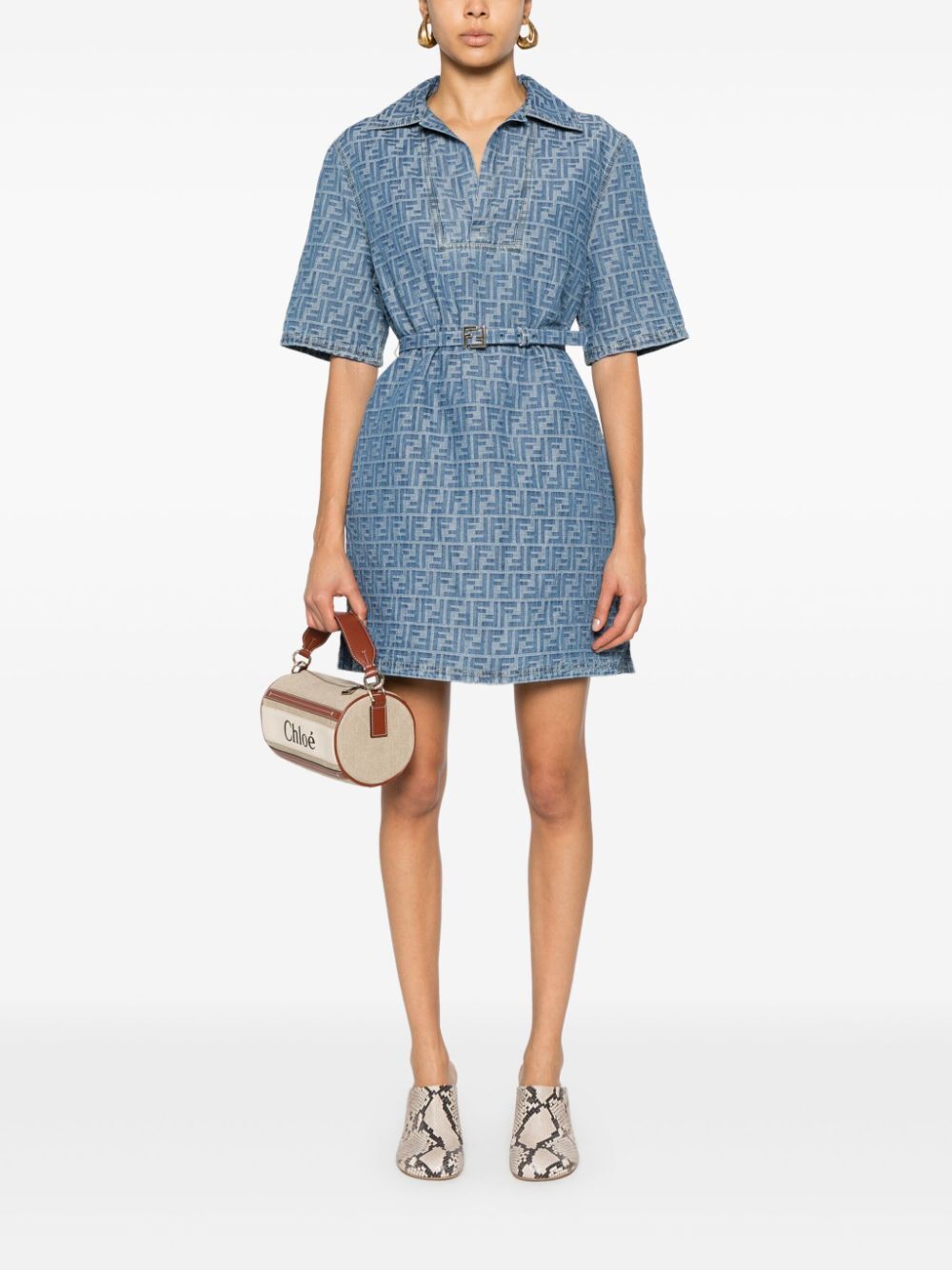 FENDI All-Over FF Motif Denim Dress with Belt and Side Slits