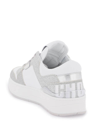 JIMMY CHOO Glittered Leather Sneakers with Embroidered Logo and Semi-Transparent Rubber Insert