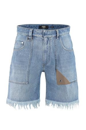 FENDI 100% Cotton Denim Shorts with Leather Details and Frayed Hem for Men - SS23 Collection