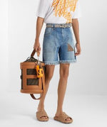 Men's Blue Denim Bermuda Shorts with Suede Insert and Frayed Hems