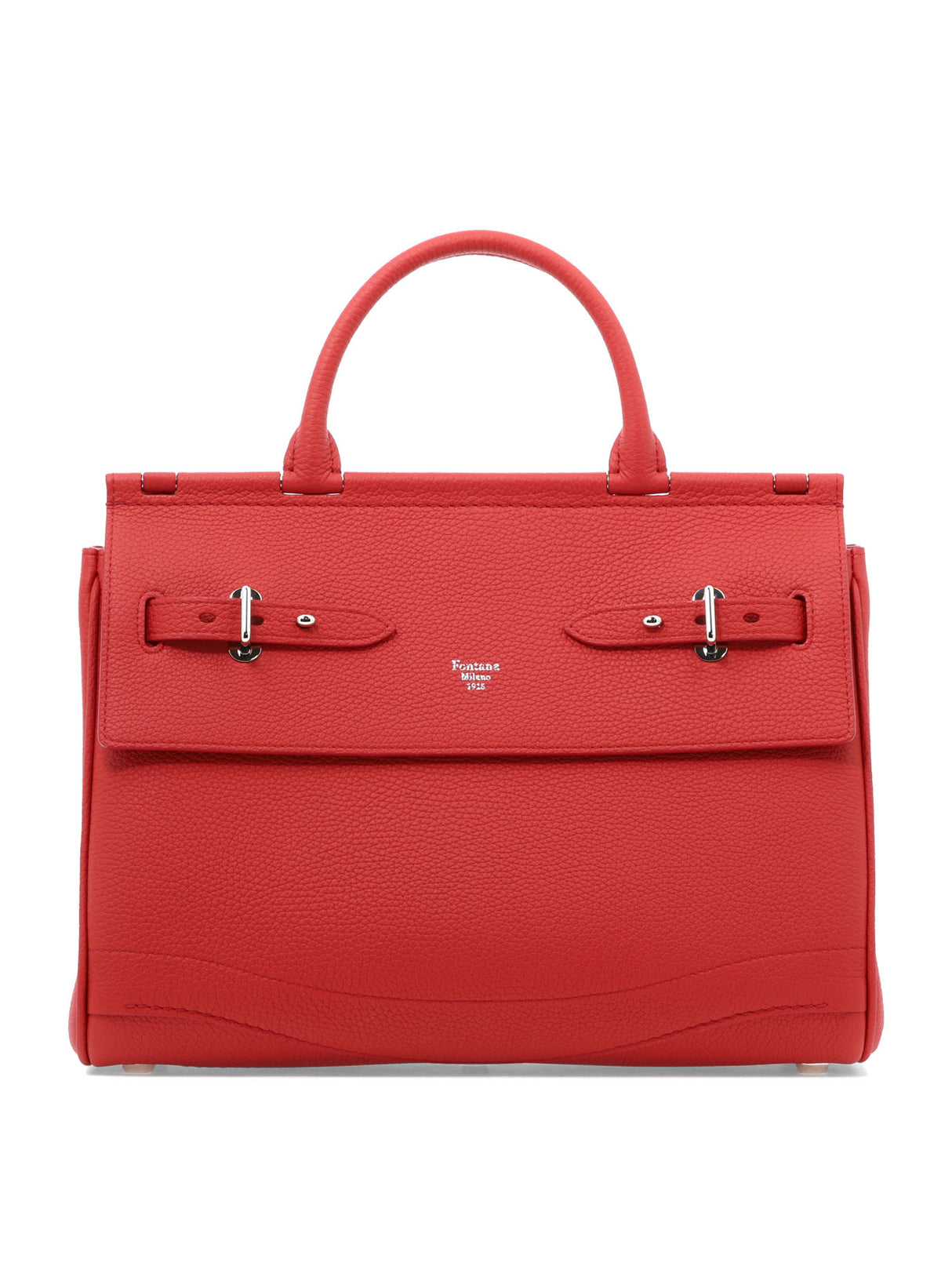 Red Leather Handbag with Belt Closure and Open Pockets