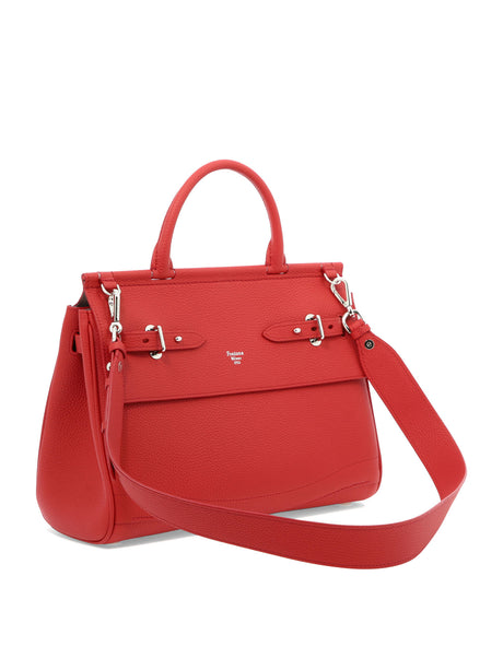 Red Leather Handbag with Belt Closure and Open Pockets