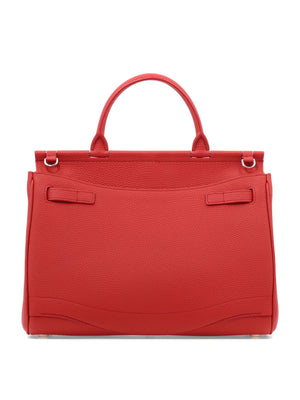 紅色真皮手提包帶有腰帶設計和開放式口袋，適合女性