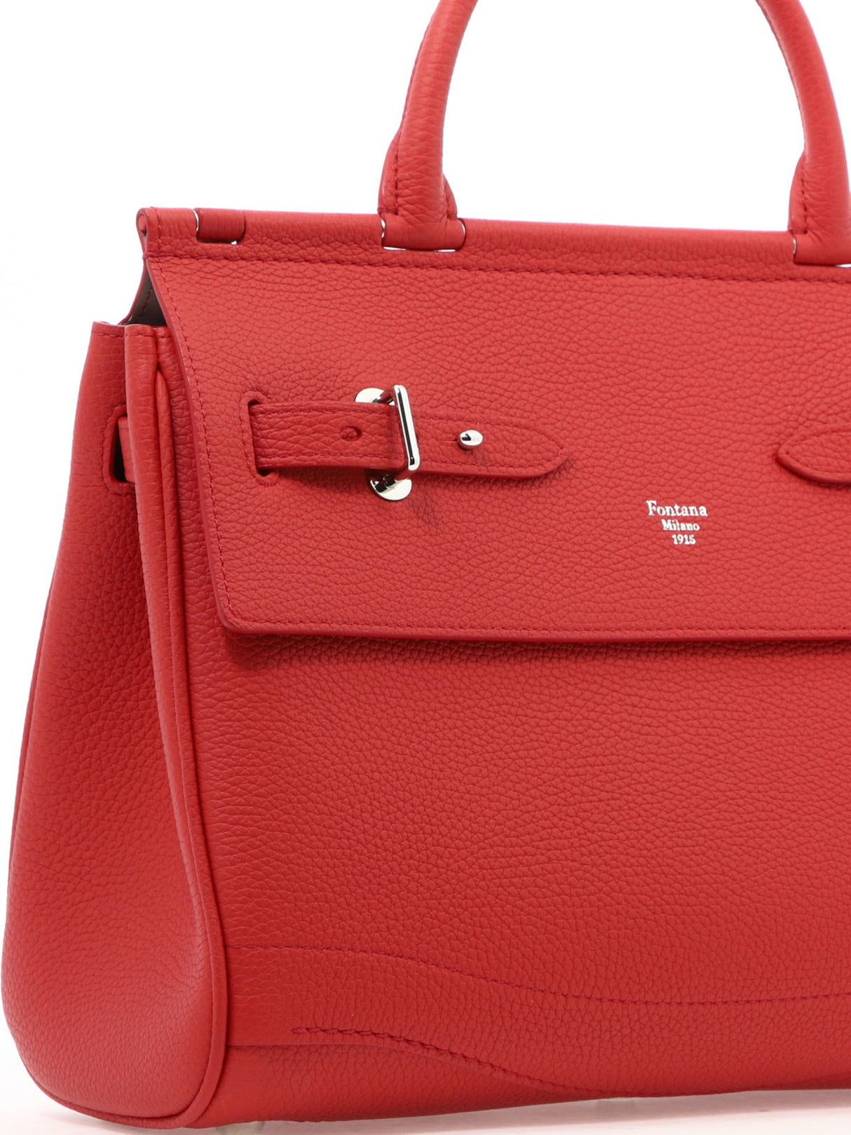 Red Leather Handbag with Belt Closure and Open Pockets