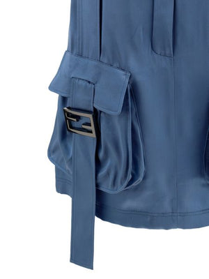 FENDI Powder Blue Satin Skirt with Embellished Straps and Cargo Pockets for Women