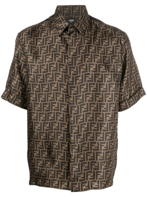 FENDI Luxurious Men's FF Print Silk Shirt in Shades of Brown and Tobacco