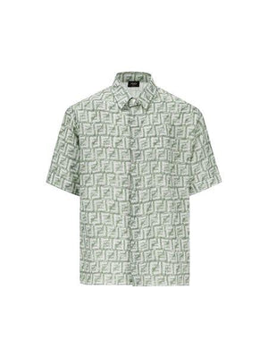 FENDI Men's Green Linen Shirt with All-Over FF Motif and Nacre Buttons