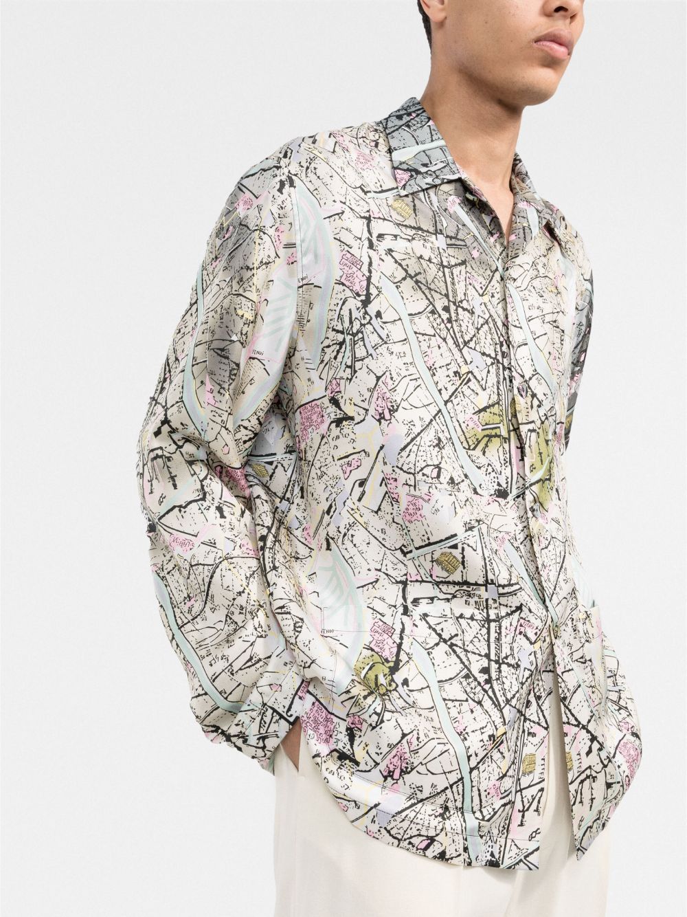 Men's Vintage Map Print Silk Shirt in Rock Color