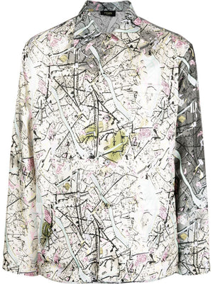 Men's Vintage Map Print Silk Shirt in Rock Color