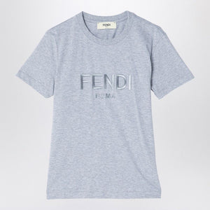 FENDI Grey Cotton Crew Neck T-Shirt with Logo