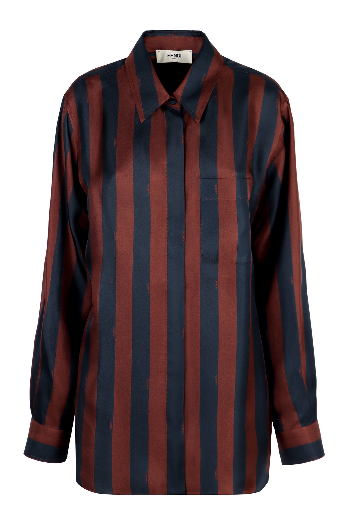 FENDI Elegant Navy Blue and Brown Pequin Stripe Silk Shirt