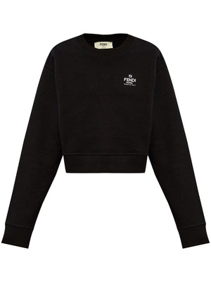 FENDI Black Embroidered Logo Crewneck Sweatshirt for Women