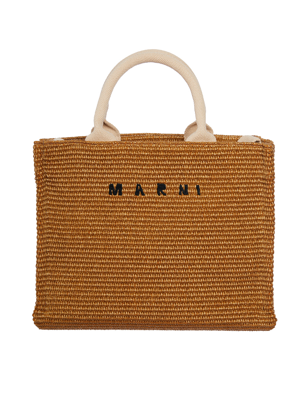 MARNI Women's Small Brown Raffia Tote Handbag with Cotton Ribbon Handles and Shoulder Strap, Embroidered Logo, 31cm x 25cm