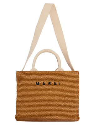 MARNI Women's Small Brown Raffia Tote Handbag with Cotton Ribbon Handles and Shoulder Strap, Embroidered Logo, 31cm x 25cm