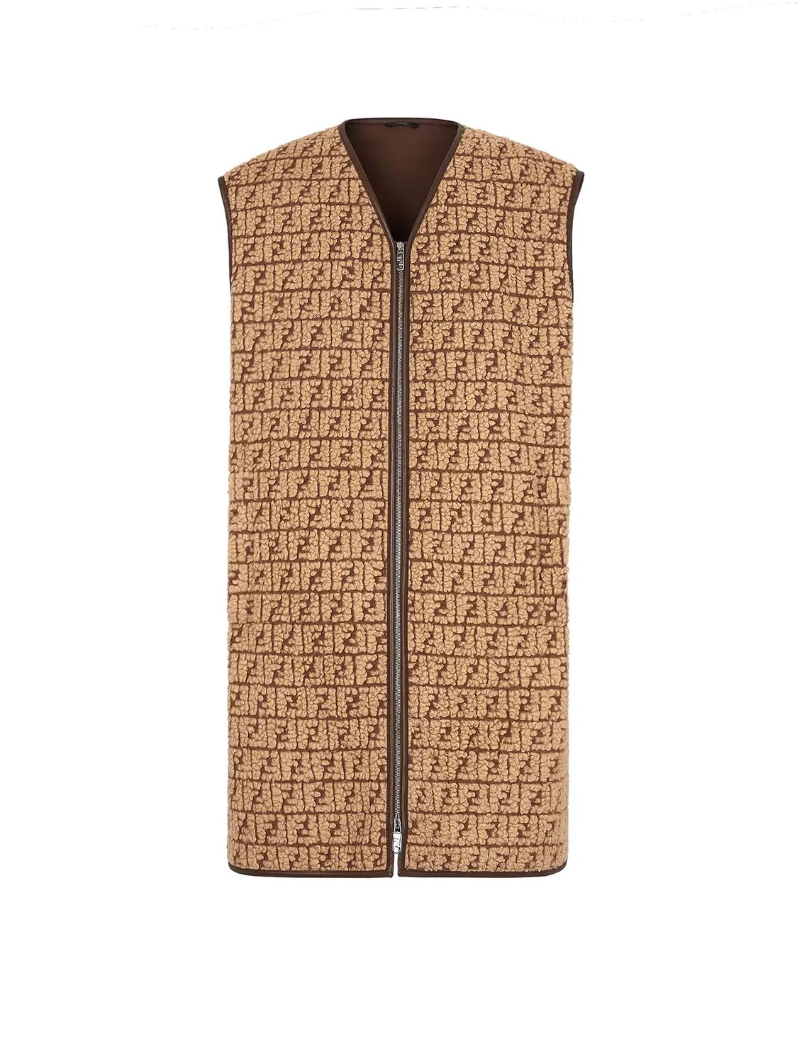 Men's Beige Fendi Wool Vest with FF Motif and Leather Trim - FW23