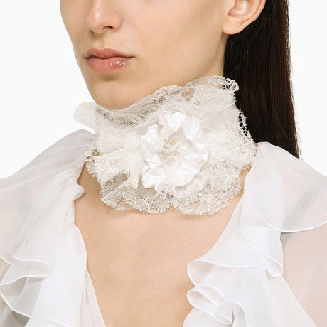 White Silk Blend Choker with Lace Flower