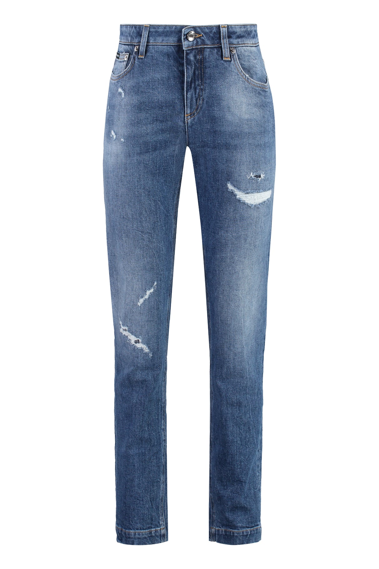 DOLCE & GABBANA Stretchy Denim Jeans for Women with Distressed Details and Metal Rivets and Buttons