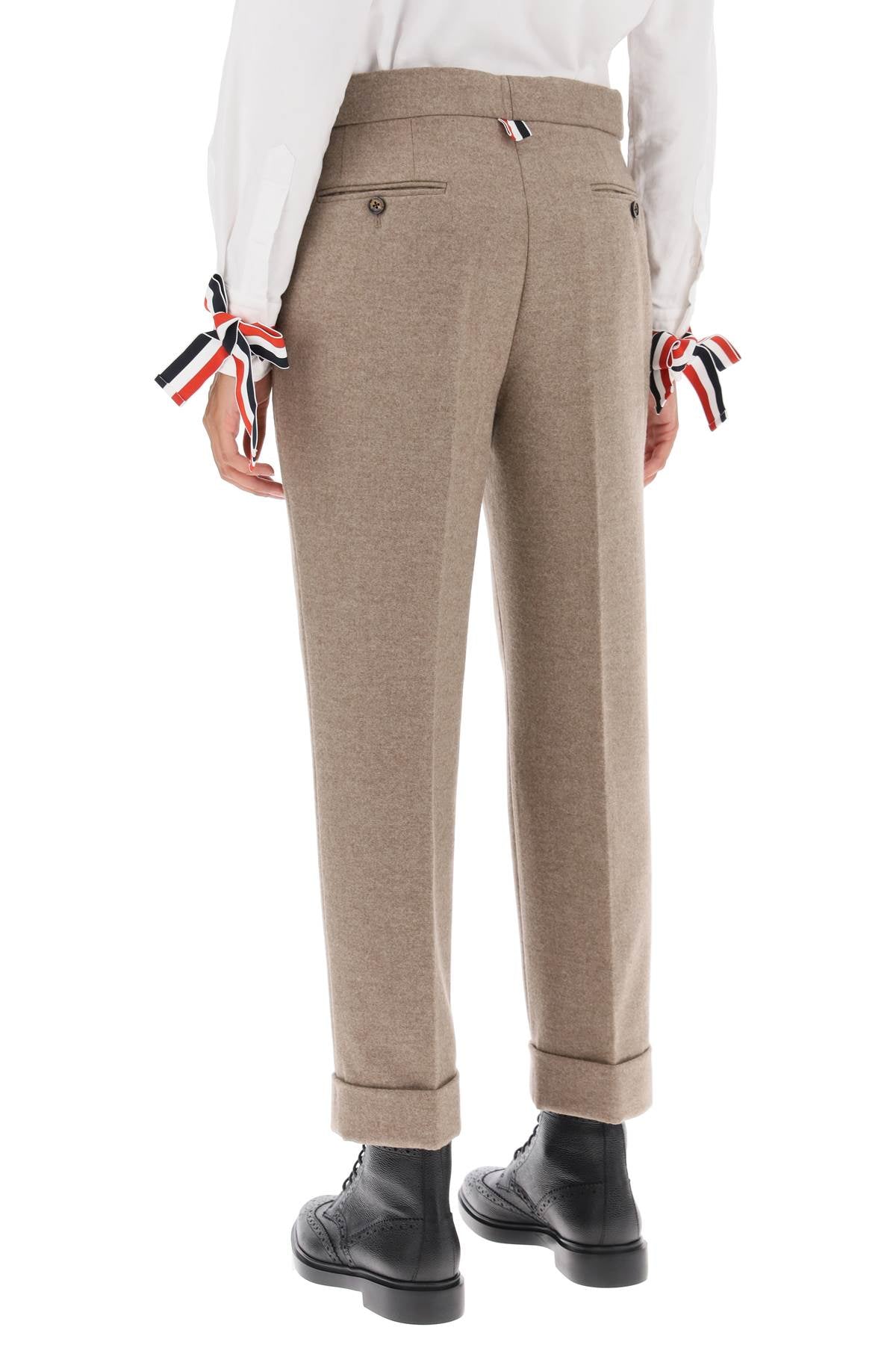 THOM BROWNE Beige Cropped Wool-Flannel Pants for Women - FW23 Collection