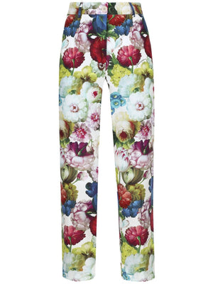 カラフルな花柄の綿製トラウザー - ハイウエスト、ストレートレッグ、女性用SS24ファッションアイテム