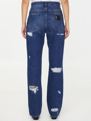 Cotton Wide-Leg Jeans with Distressed Details - Women's Fashion