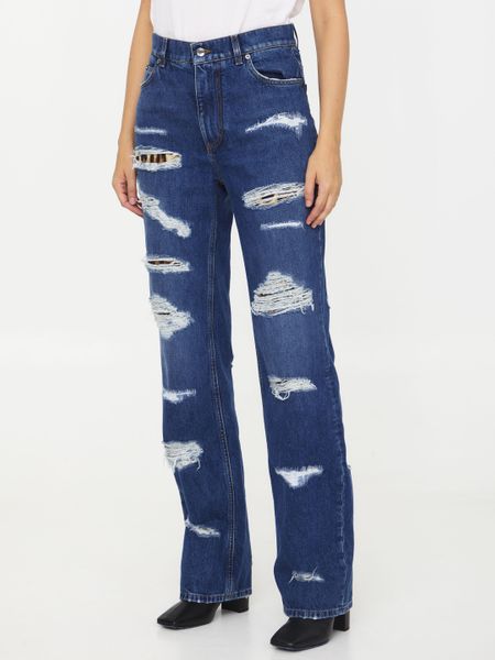 Cotton Wide-Leg Jeans with Distressed Details - Women's Fashion