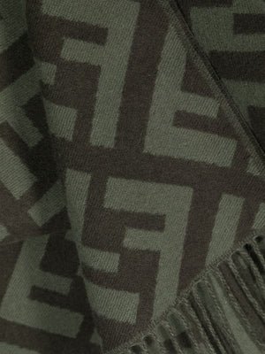 Khaki Green Cashmere All-Over FF Motif Scarf for Women