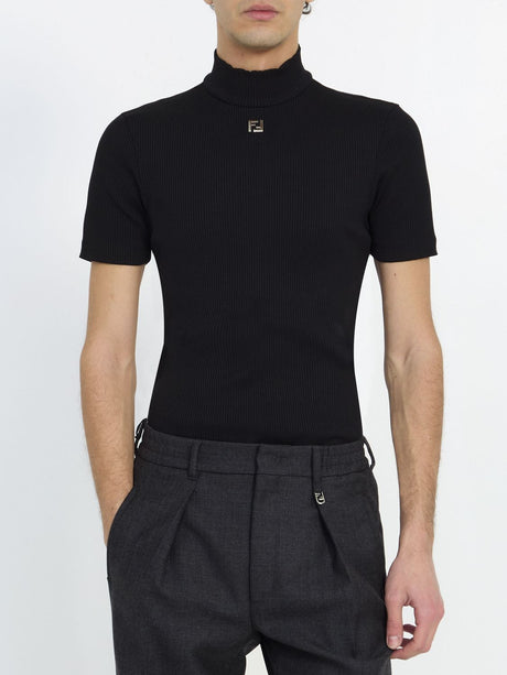 FENDI Black Ribbed Nylon T-shirt for Men - High Neck, Short Sleeve, Logo Design and Zip Closure