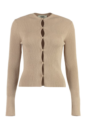 FENDI Beige Ribbed Cut Out Cardigan for Women