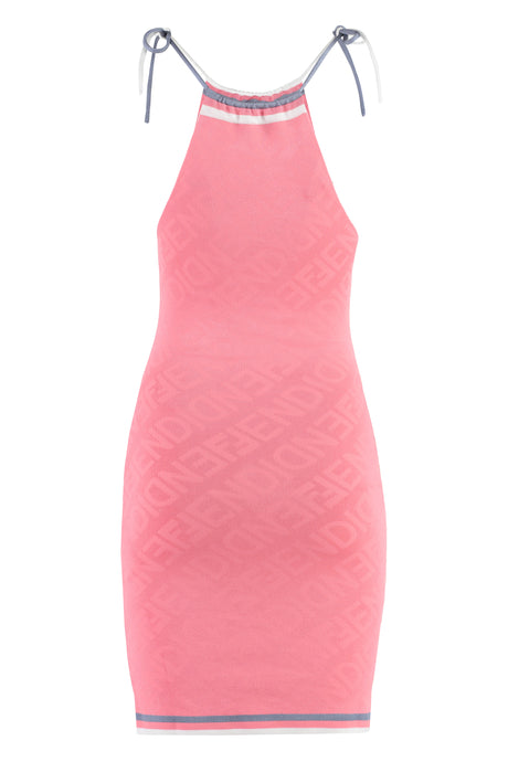 粉色Fendi全身logo女士短款针织连衣裙