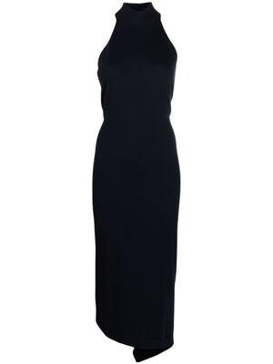 Navy Blue Wool Midi Dress for Women - Funnel-Neck Ribbed-Knit FW23 Dress