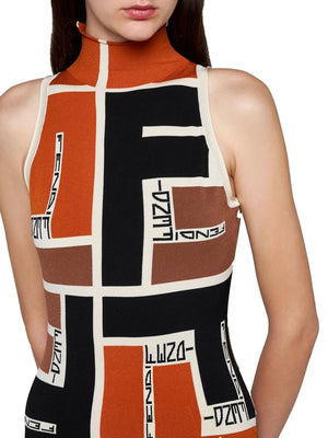 FENDI Printed High Neck Sleeveless Mini Dress in Orange for Women