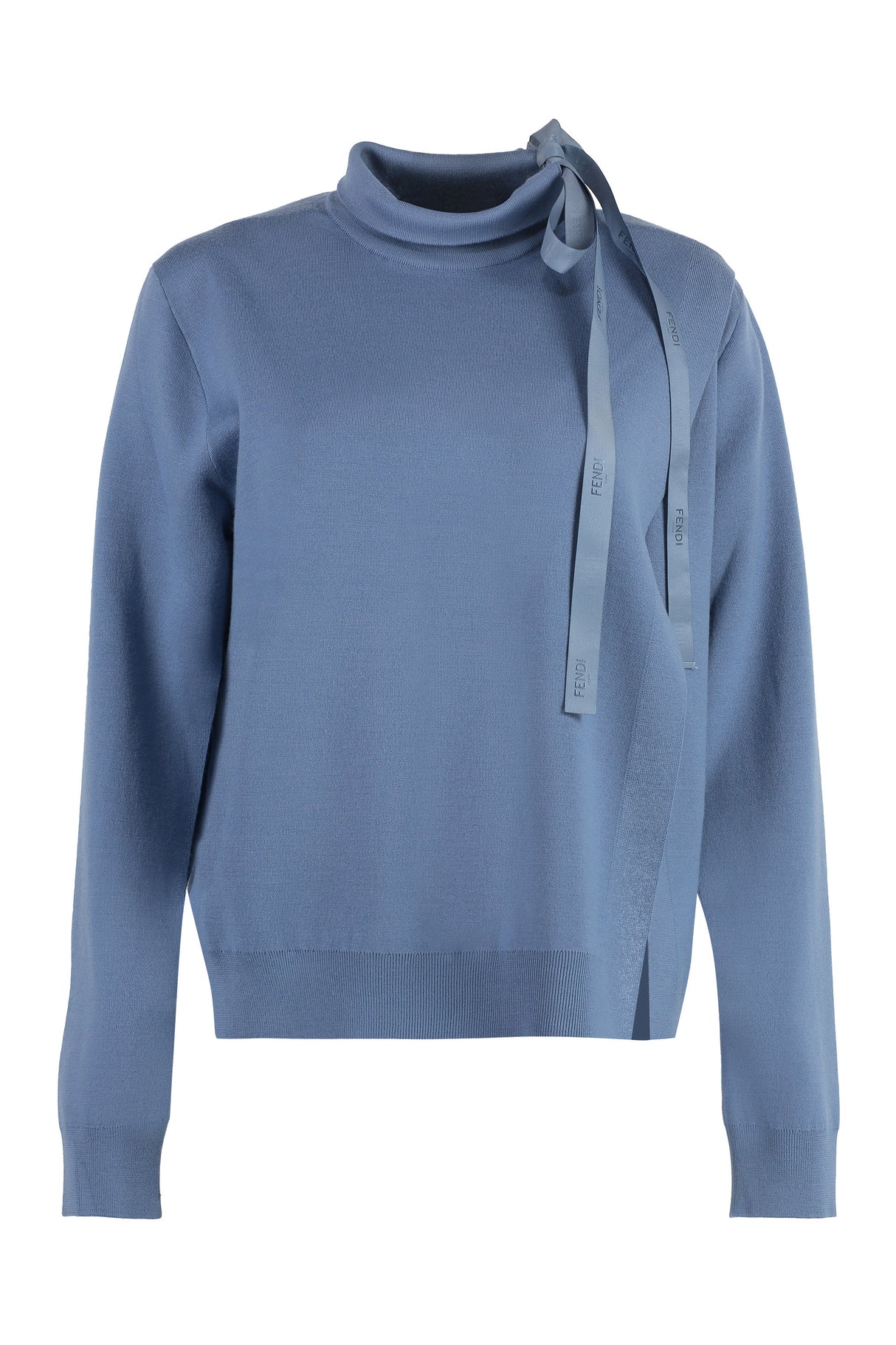 FENDI Blue Wool Pullover with Unique Cut-Out Details and Asymmetrical Slit for Women's SS23 Collection