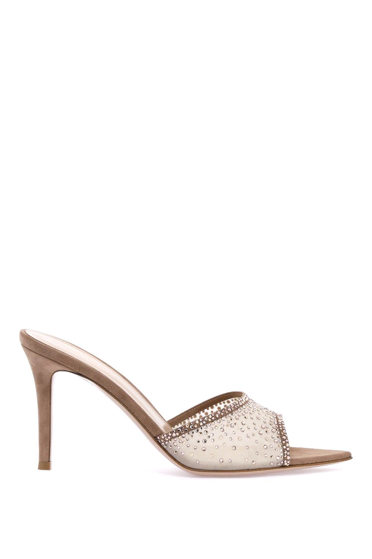 GIANVITO ROSSI Neutral Silk Flat Sandals with Crystals and Leather Details