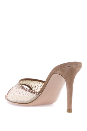 GIANVITO ROSSI Neutral Silk Flat Sandals with Crystals and Leather Details