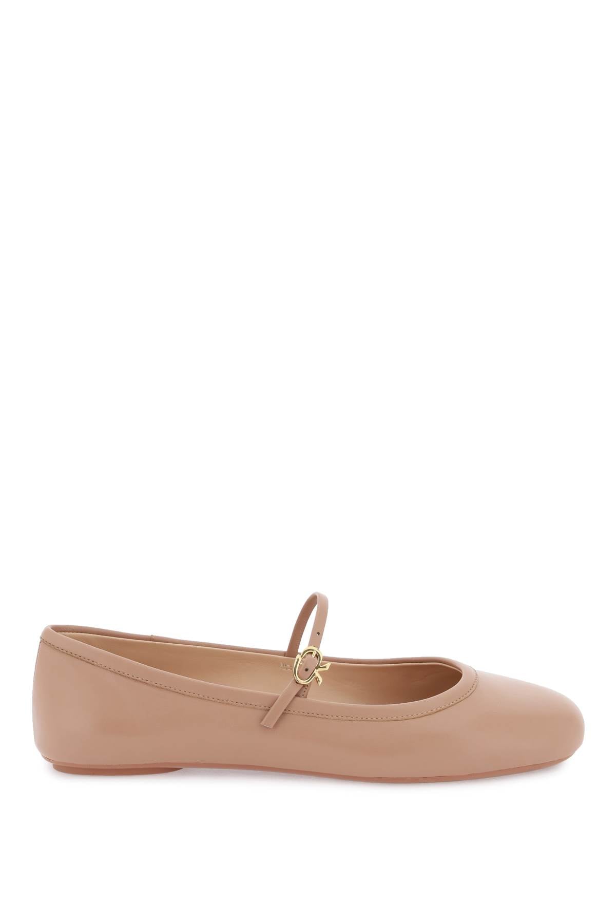 Pink Leather Ballerinas with Mary Jane Design and Gold Ribbon Buckle