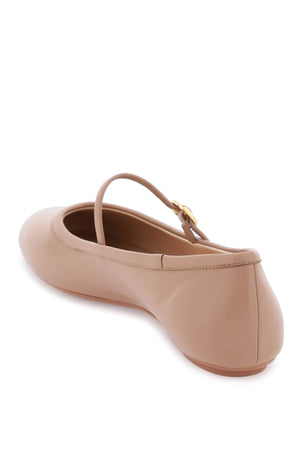 Pink Leather Ballerinas with Mary Jane Design and Gold Ribbon Buckle