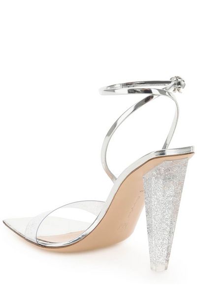 Silver Graphic-Heel Sandals with Plexi Upper and Patent Leather Straps