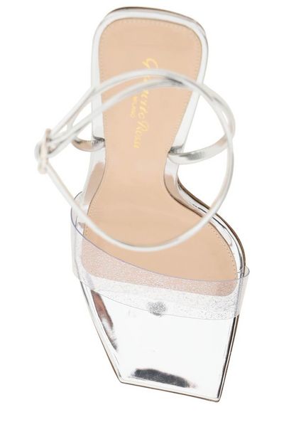 GIANVITO ROSSI Silver Graphic-Heel Sandals with Plexi Upper and Patent Leather Straps