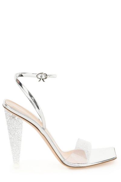 Silver Graphic-Heel Sandals with Plexi Upper and Patent Leather Straps