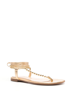 GIANVITO ROSSI Golden Leather Thong Sandals for Women with Metallic Bead Embellishment