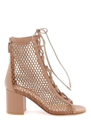 Open-Toe Mesh Ankle Boots with Laces and Zipper Closure - Block Heels