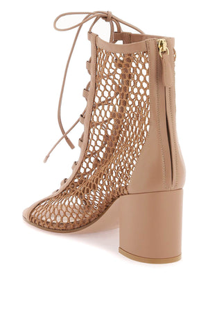 Open-Toe Mesh Ankle Boots with Laces and Zipper Closure - Block Heels