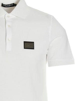 DOLCE & GABBANA Men's White Cotton Polo Shirt with Front Logo Patch and Ribbed Collar & Sleeves