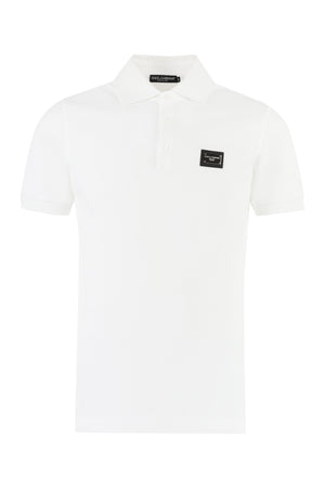 DOLCE & GABBANA Men's White Cotton Polo Shirt with Front Logo Patch and Ribbed Collar & Sleeves