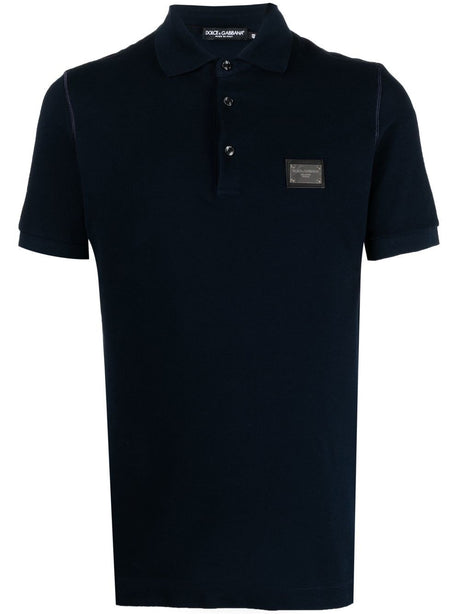 DOLCE & GABBANA Elegant Navy Polo with Silver-Tone Detailing